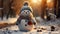 Merry Christmas, Snowman in a winter Christmas scene with snow, Pine trees and warm light