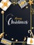 Merry Christmas template design with top view of gift boxes, baubles, stars, snowflake, candy cane and origami paper Xmas tree on