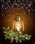 Merry Christmas template with realistic antique kerosene lamp and spruce tree twigs
