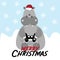 Merry Christmas- text, with funny  hippopotamus gamer, on snowy background