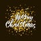 Merry Christmas text. Gold and white brush calligraphy on black blackbackground with abstract smears and blots