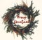 Merry Christmas text sign on christmas rustic wreath. Creative rural  wreath with fir branches, berries, pine cones, herbs hanging