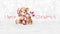 Merry Christmas text and teddy bear with red hat and candy striped cane stick isolated on snowing background, white Christmas