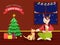 Merry Christmas Text Written In French Language With Decorative Xmas Tree, Gift Boxes, Cheerful Girl Holding Pastry And Dog Wear