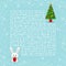 Merry Christmas theme maze game for the children with a labyrinth. Cartoon bunny with gift and christmas tree