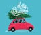 Merry Christmas Themed Illustration of side view cartoon styled vintage red car with Christmas Tree. Vector Illustration.