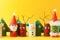Merry christmas toy collection santa claus, snowman, tree, reindeer on yellow for Winter holiday concept background. Paper crafts