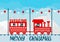 Merry Christmas train with cute animals. Winter landscape with hills, snow, holiday garlands. Vector illustration.