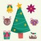 Merry christmas tree bell flower deer gift and cake decoration and celebration icons