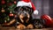 Merry Christmas! Two Rottweiler dogs lie on floor against background of blurred Christmas tree decorated with toys. An adult dog