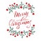 Merry Christmas typography cute card with decorative leaves. Traditional xmas holiday greeting banner. Modern lettering party