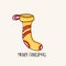 Merry Christmas typography. Decoration sock for presents cartoon