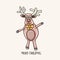 Merry Christmas typography. Funny dancing raindeer cartoon style