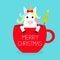 Merry Christmas. Unicorn horse sitting in red coffee cup teacup. Fir tree. Red bow. Happy New Year. Face and hands. Cute cartoon