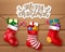 Merry christmas vector banner design. Merry christmas greeting text with hanging santa socks and xmas decoration element.