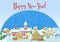 Merry Christmas vector card, cute little town in winter. Happy New Year snow village. Christmas urban and rural city