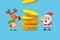 Merry Christmas vector cartoon santa claus and reindeer with big money coins stack