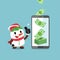 Merry Christmas vector cartoon snowman earning money with smartphone