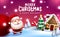 Merry christmas vector design. Merry christmas text with santa claus character walking and holding sack bag in outdoor xmas eve.