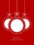 Merry Christmas! Vector hanging abstract line Christmas balls with white circles on a string with a bow on a red background.