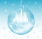 Merry Christmas vector illustration with beautiful frozen castle in a snowball and snowflakes