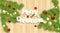 Merry Christmas Vector Ornaments with red balls, candy, stars and leaves. Background wood texture. Vector illustration