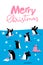 Merry Christmas vector winter poster with cute penguins