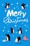 Merry Christmas vector winter poster with cute penguins