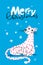 Merry Christmas vector winter poster with cute snow leopard