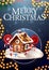 Merry Christmas, vertical blue postcard with garland and Christmas gingerbread house