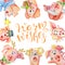 Merry Christmas watercolor card with cute funny pigs and hand drawn lettering quote Warm wishes