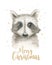 Merry Christmas watercolor card with raccoon . Happy New Year lettering posters. Winter Xmas design decoration.