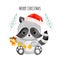 Merry Christmas with watercolor cute raccoon wearing Santa hat on white background vector