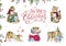 Merry Christmas watercolor lettering with isolated cute cartoon watercolor fun set tiger illustration. Hand drawing