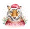 Merry Christmas watercolor lettering with isolated cute cartoon watercolor fun Siberian tiger illustration. Hand drawing