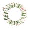 Merry Christmas. Winter Watercolor circle label with snowflakes, holly, mistletoe, spruce branch. Hand drawn illustration.