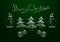 Merry Christmas written chalkboard with three pine trees, two snowmen and gift packages