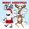 Merry Christmas Y`All - Santa Claus in mask and reindeer with toilet papers on snowy background.