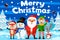 Merry company of Santa, snowman, elf and forest animals on winter. Christmas