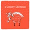 Merry Country Christmas card with farm sheep in Santa hat .Vector red Christmas card with text