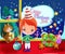 Merry and cozy fairy tale Christmas. children`s picture with a boy, a cat and gifts on the background of a winter window