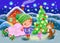 Merry and cozy fairy tale Christmas. children`s picture with a boy, a cat and gifts on the background of a winter window