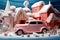 merry festive holiday snow gift candy christmas winter car retro. Generative AI.