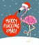 Merry flocking Xmas - Calligraphy phrase for Christmas with cute flamingo girl in Santa Hat.