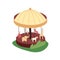 Merry go round, roundabout. Kids carrousel, horse carousel with animals shapes. Attraction in amusement park. Summer