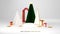 Merry Ð¡hristmas and Happy New Year. Abstract minimal design, geometric Christmas trees, gift box, empty round Realistic stage,