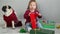 Merry little girl with a beaming smile sitting on the floor with a gifts enjoying Christmas with the family dog wearing