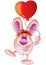 Merry pink hare holds a heart-shaped balloon by the rope, isolated object on white background