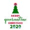 Merry Quarantine Christmas lettering with cute cartoon virus wearing mask. Winter holidays in coronavirus COVID-19 pandemic.