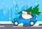 Merry santa on a car carries gifts. vector illustration.